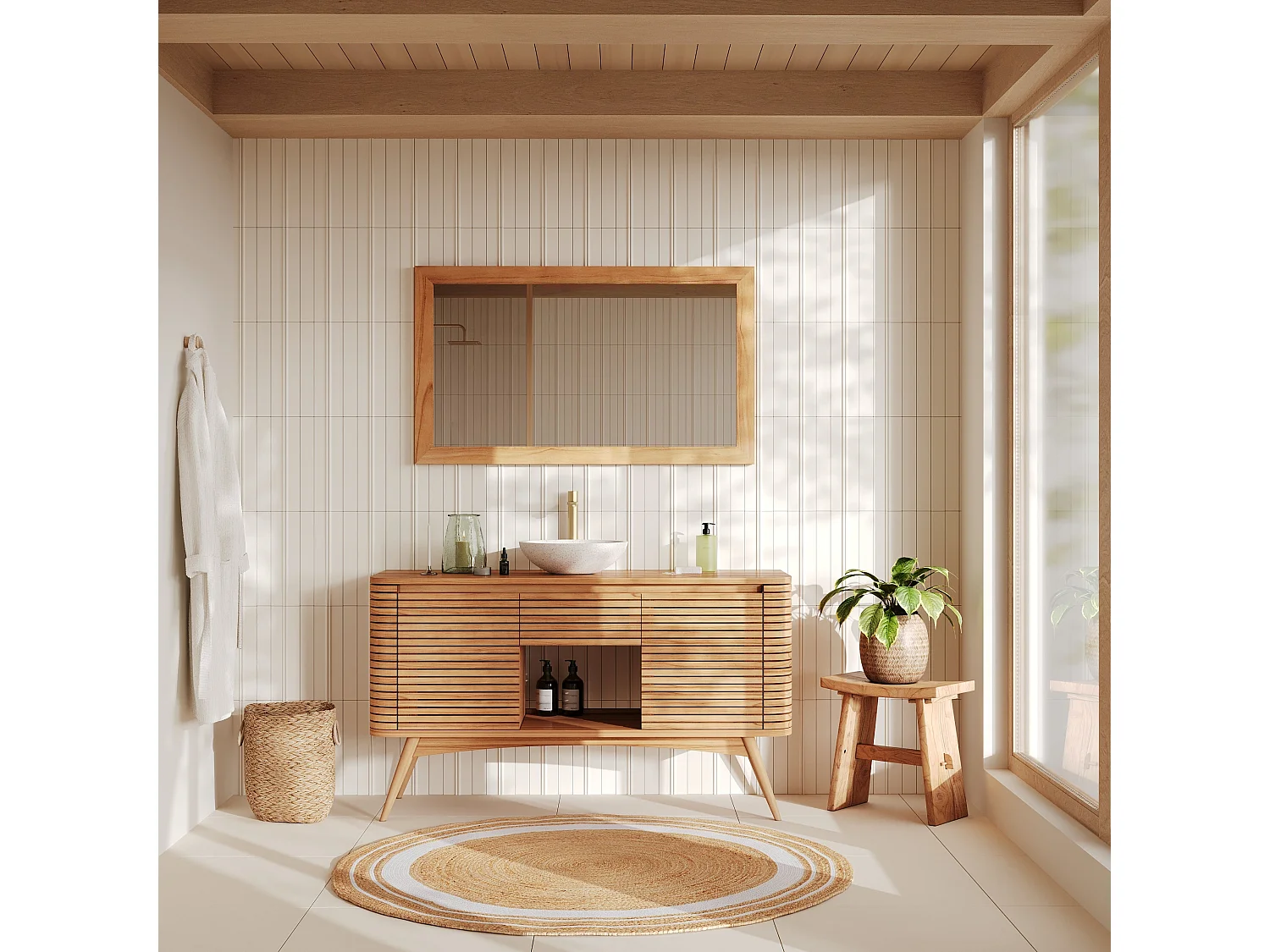 Meuble de salle de bain en bois de teck 140 cm avec une niche - Auguste