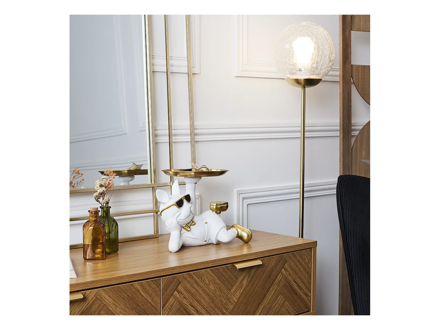 Statue Deco Bulldog Blanc Vide Poche Blanc, Or
