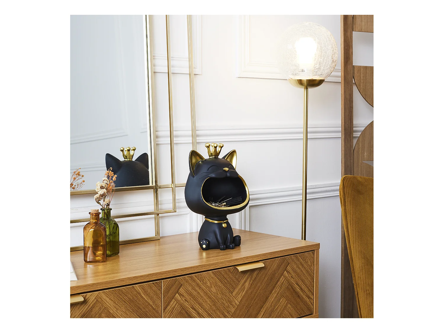 Statue Chat Noir Vide Poche Noir, Or