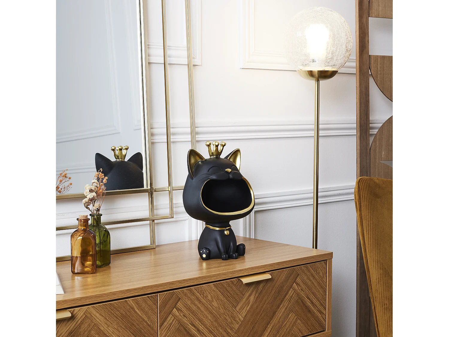 Statue Chat Noir Vide Poche Noir, Or