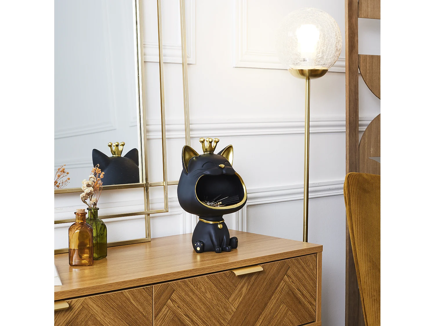 Statue Chat Noir Vide Poche Noir, Or