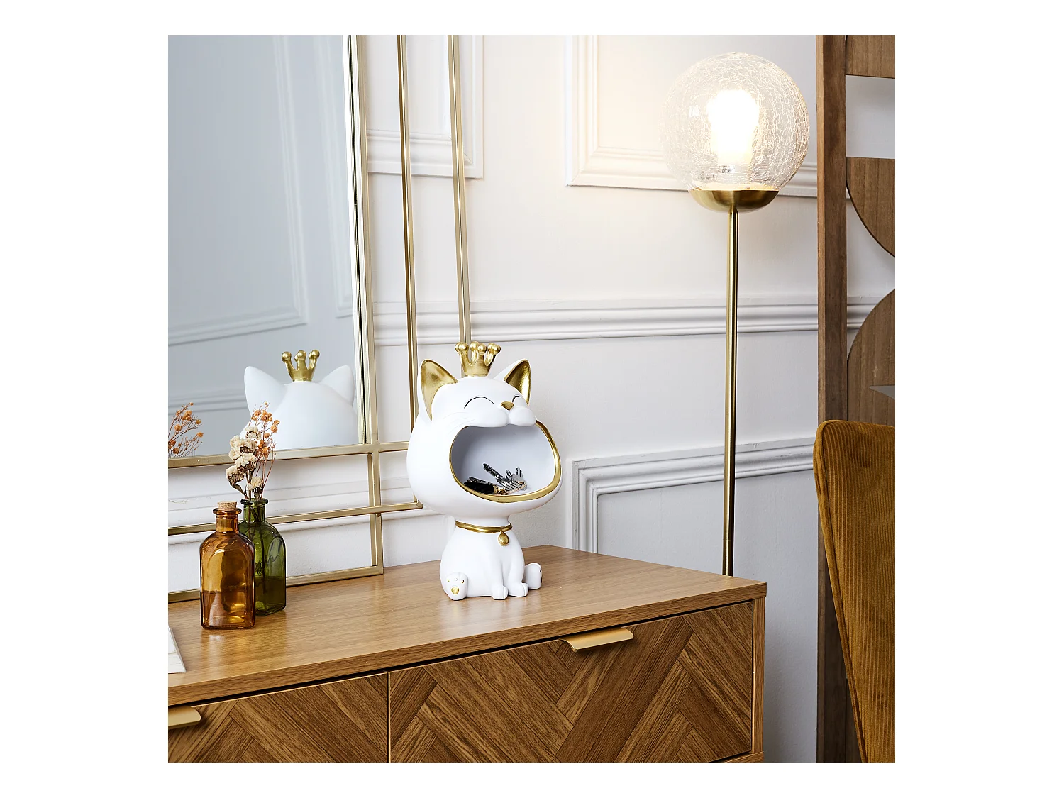 Statue Chat Blanc Vide Poche Blanc, Or