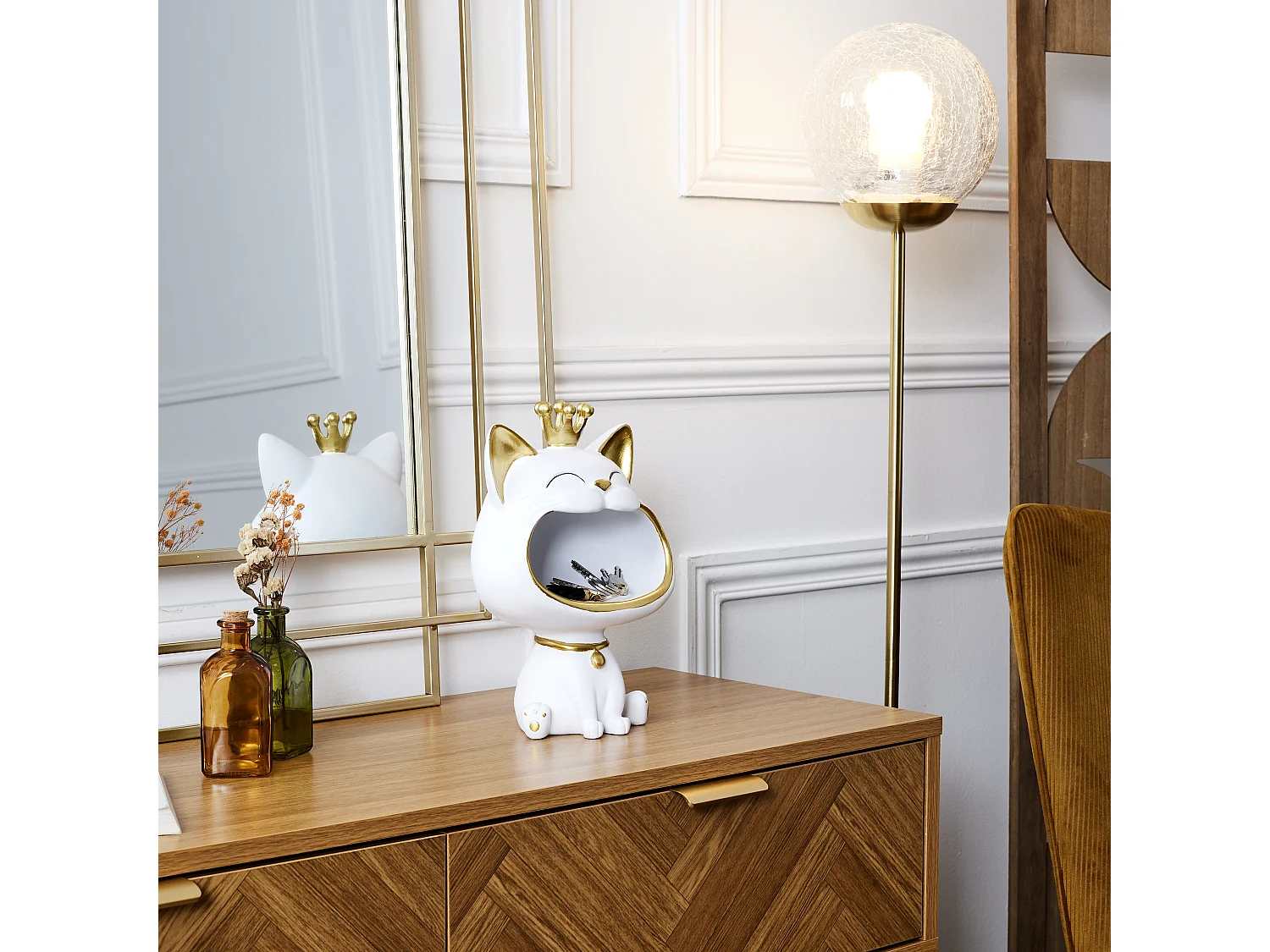 Statue Chat Blanc Vide Poche Blanc, Or