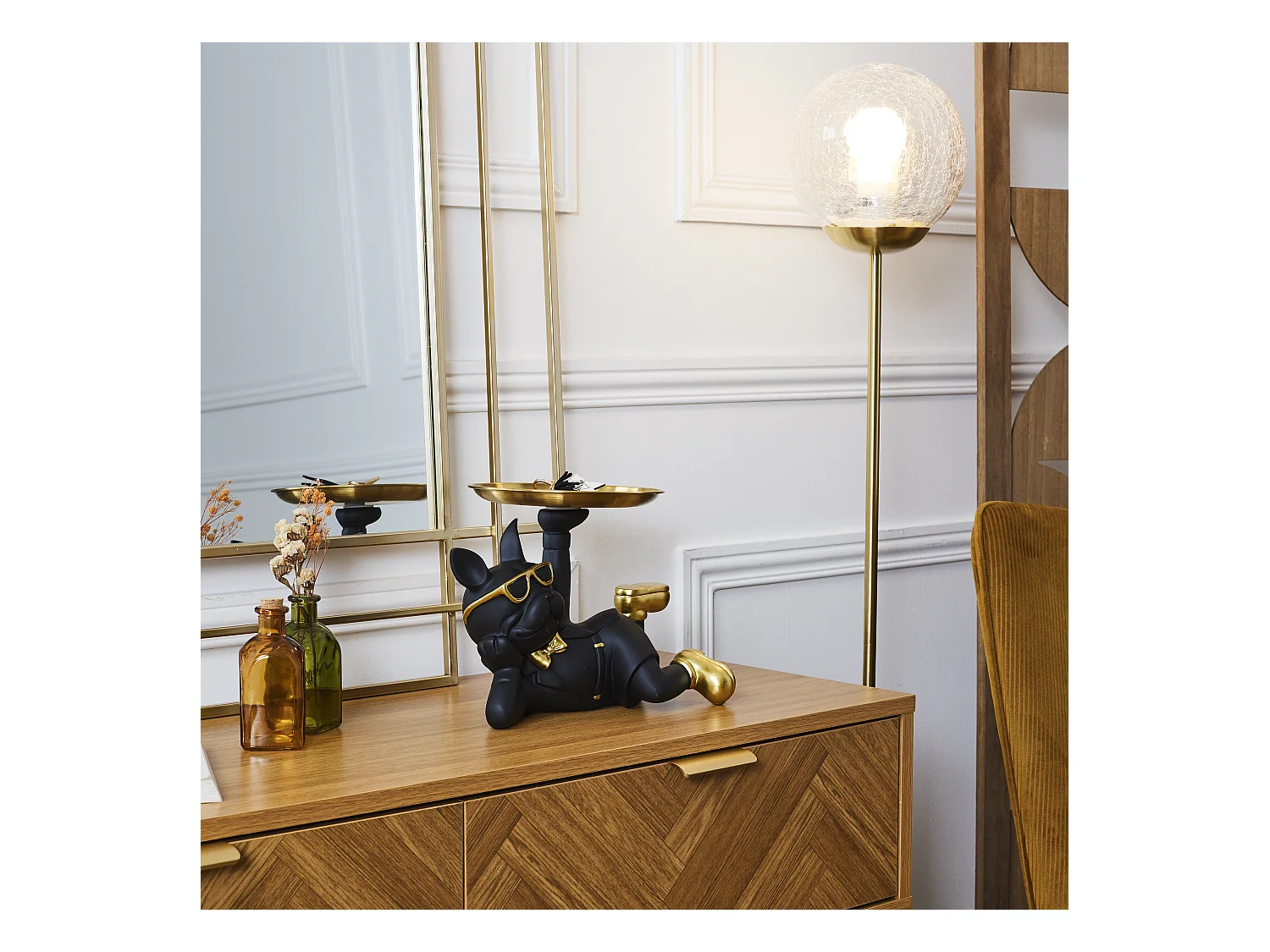 Statue Bulldog Noir Vide Poche Or, Noir