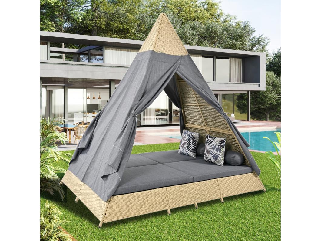 Salon de jardin en rotin - tente 2 à 4 personnes - avec rideau coussins et oreillers - amovible et lavable - 231x161x231cm