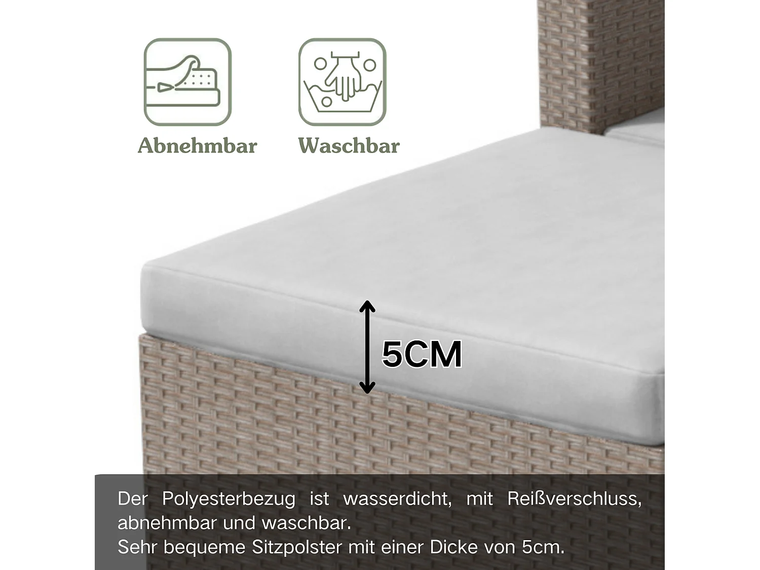 Salon de jardin en rotin kaki - canapé 3 places - table basse avec assiette de verre - cadre en acier