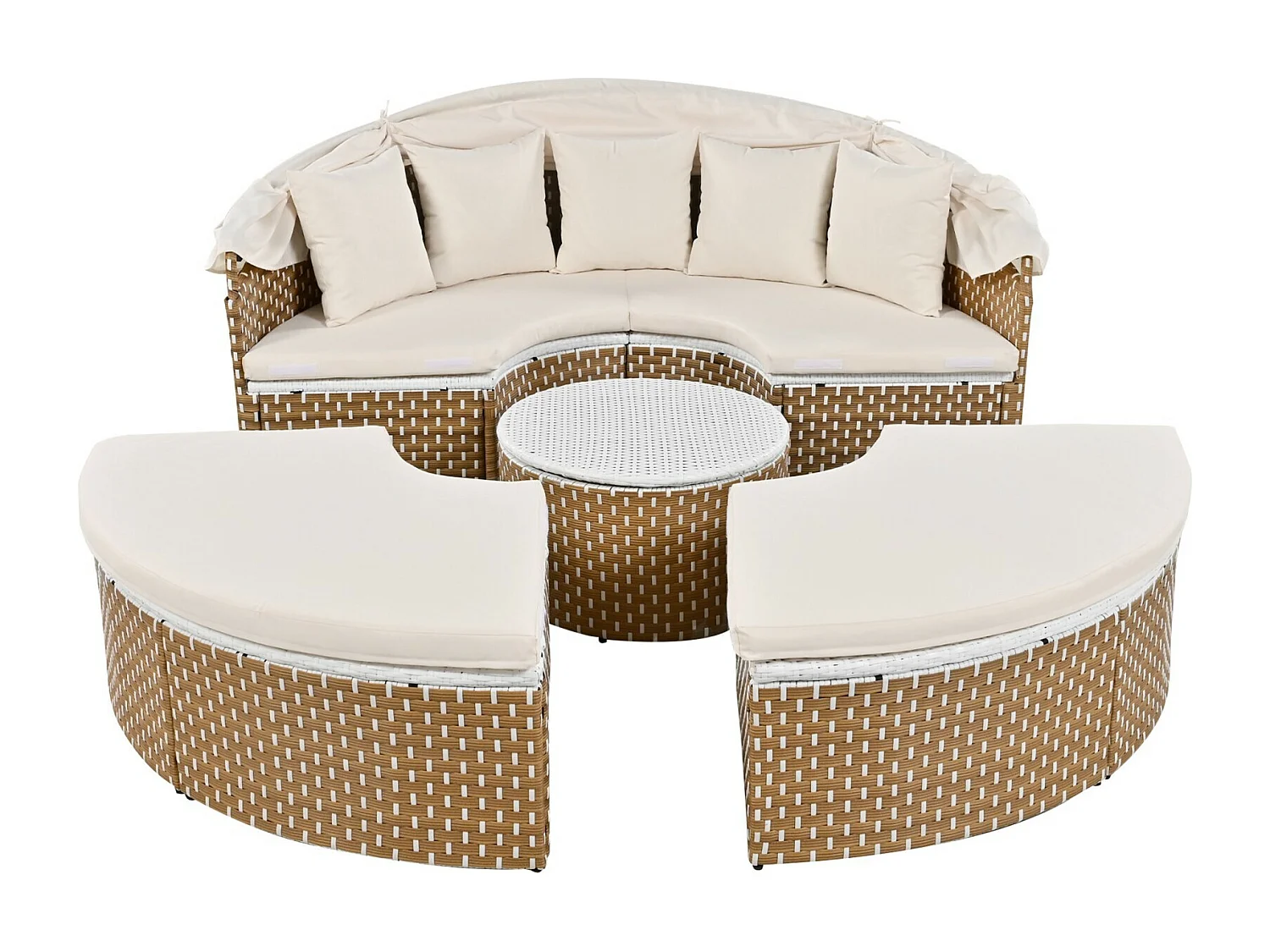 Beige geflochtene Rattan Garden Furniture - Eisenrahmen - mit hebtbarem Couchtisch und 5 Kissen - 170x170x72/142 cm