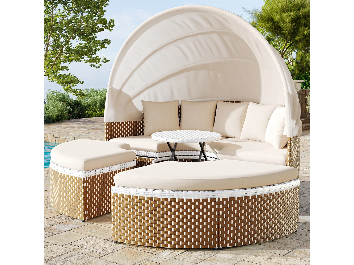 Beige geflochtene Rattan Garden Furniture - Eisenrahmen - mit hebtbarem Couchtisch und 5 Kissen - 170x170x72/142 cm