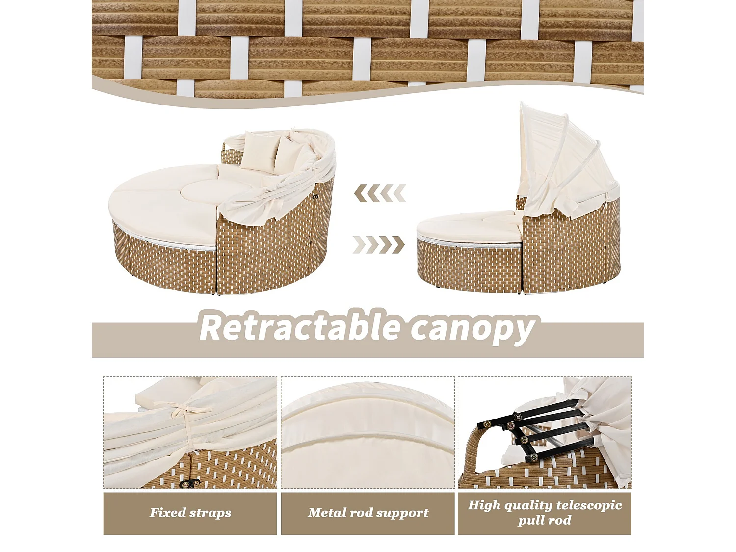 Beige geflochtene Rattan Garden Furniture - Eisenrahmen - mit hebtbarem Couchtisch und 5 Kissen - 170x170x72/142 cm