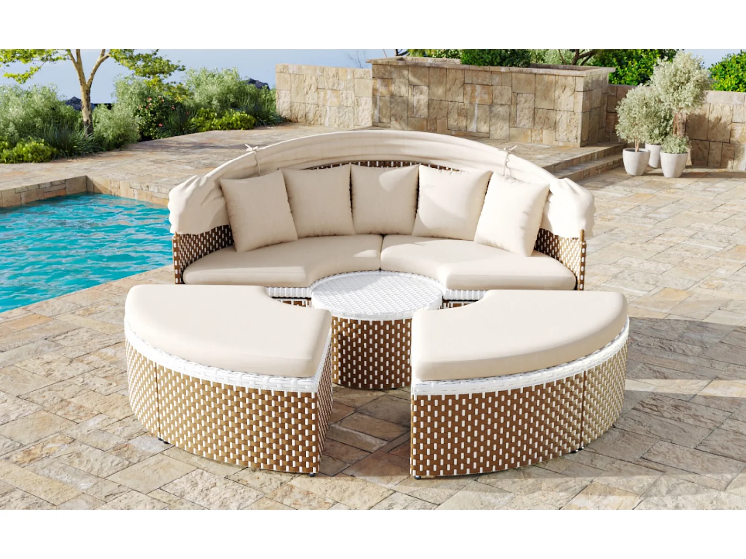 Beige geflochtene Rattan Garden Furniture - Eisenrahmen - mit hebtbarem Couchtisch und 5 Kissen - 170x170x72/142 cm