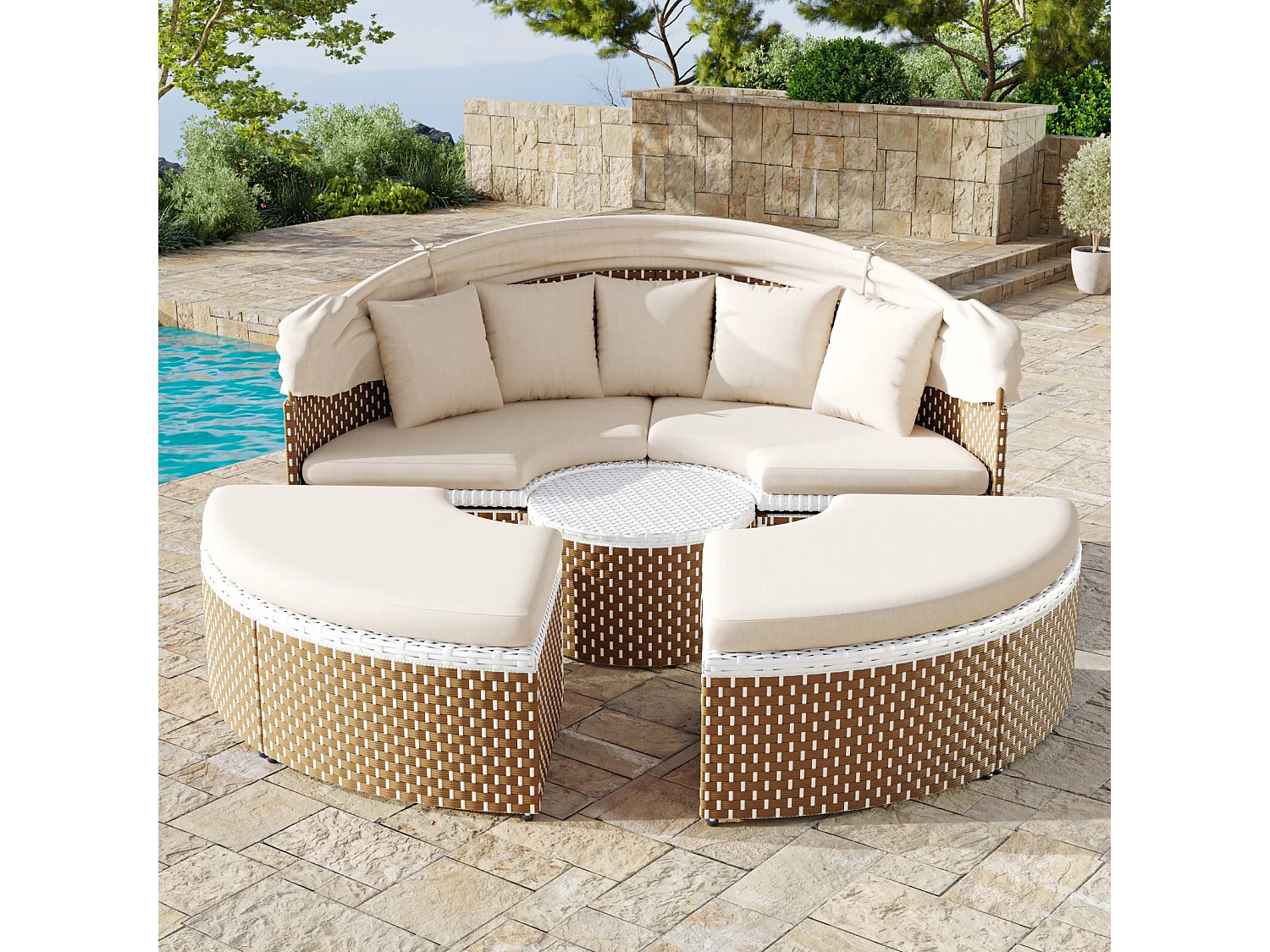 Beige geflochtene Rattan Garden Furniture - Eisenrahmen - mit hebtbarem Couchtisch und 5 Kissen - 170x170x72/142 cm