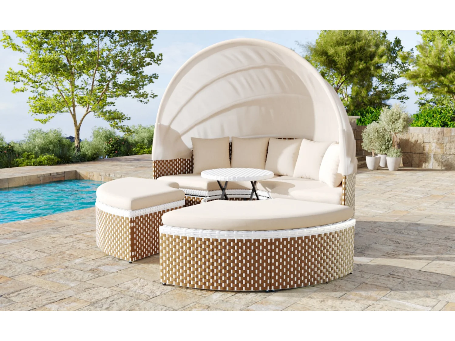 Beige geflochtene Rattan Garden Furniture - Eisenrahmen - mit hebtbarem Couchtisch und 5 Kissen - 170x170x72/142 cm