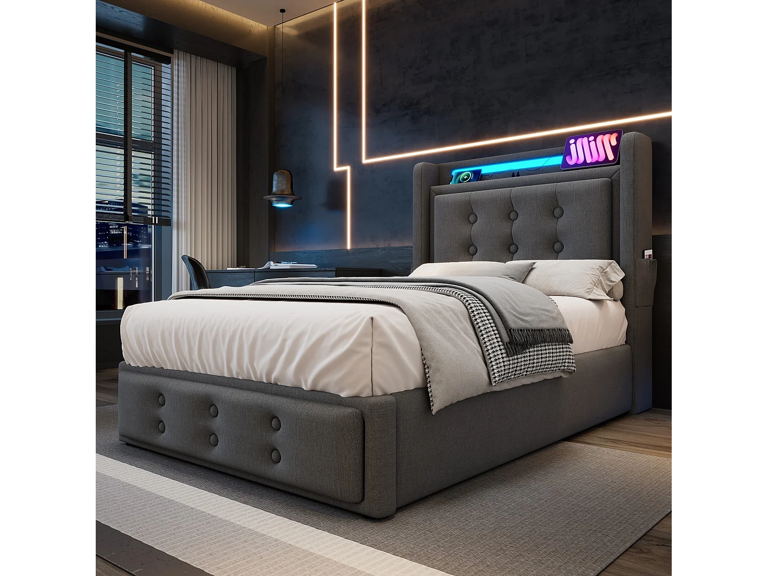 90x200cm grijs borstbed - katoen - met LED- en EU -socket/USB/Type C - Capitated hoofdeinde - Max 150kg