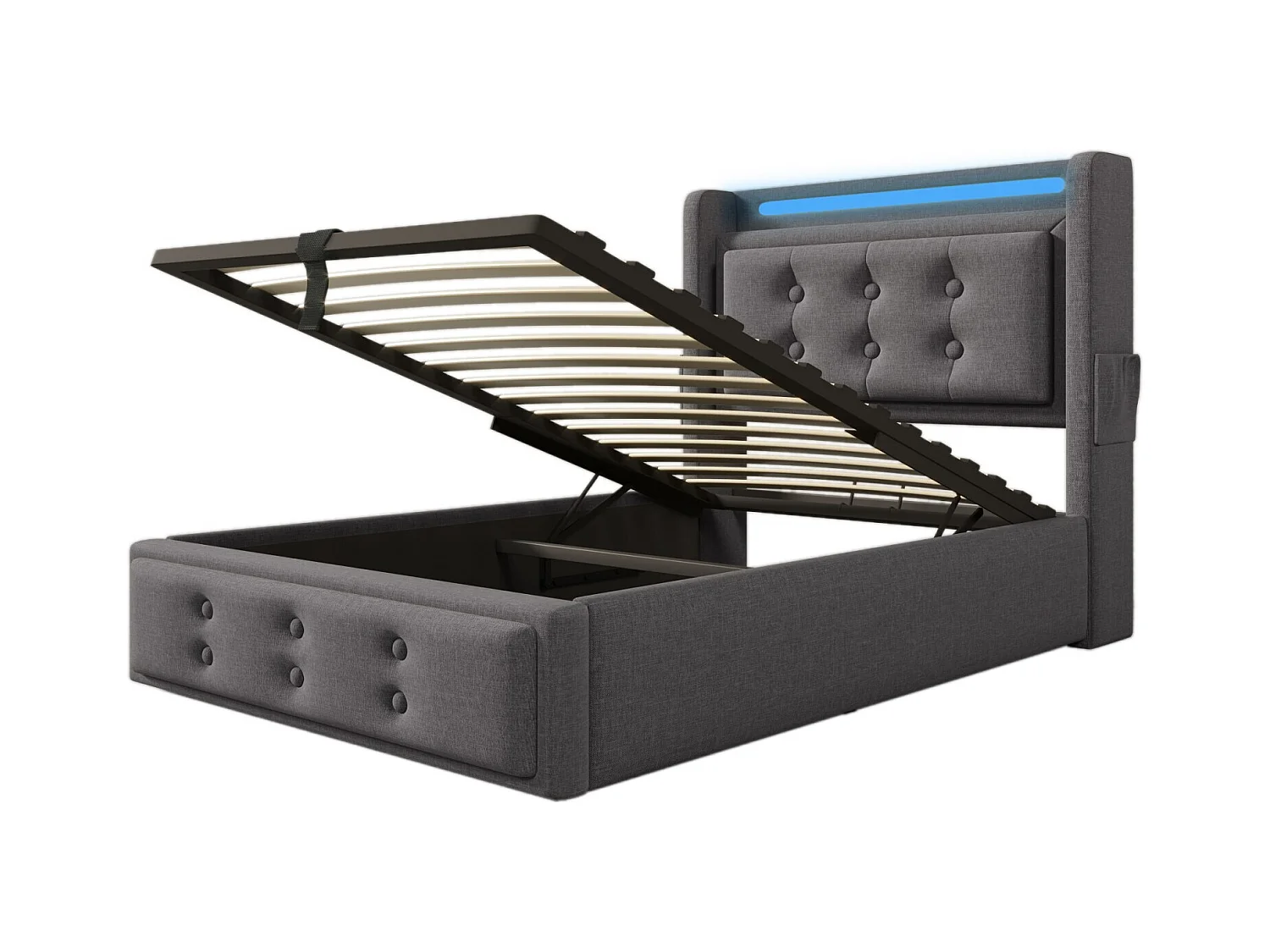 Lit coffre Gris 90x200cm - Coton - avec LED et EU Prise/USB/type C - tête de lit capitonnée - Max 150kg