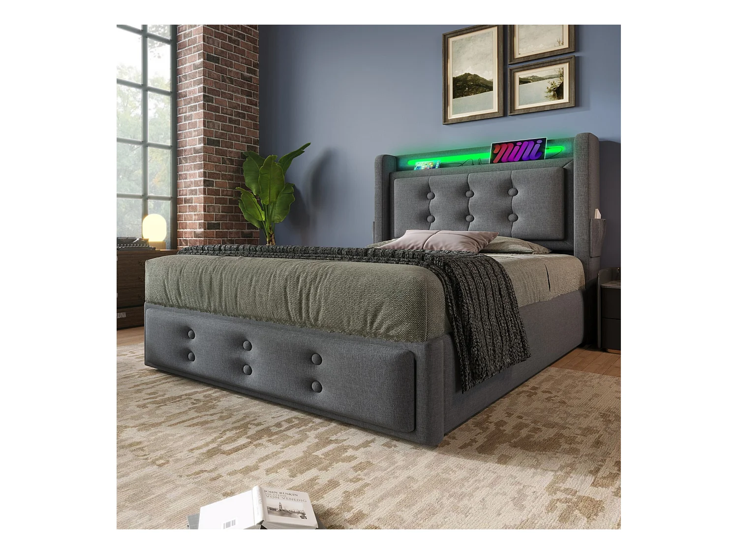 Lit coffre Gris 90x200cm - Coton - avec LED et EU Prise/USB/type C - tête de lit capitonnée - Max 150kg