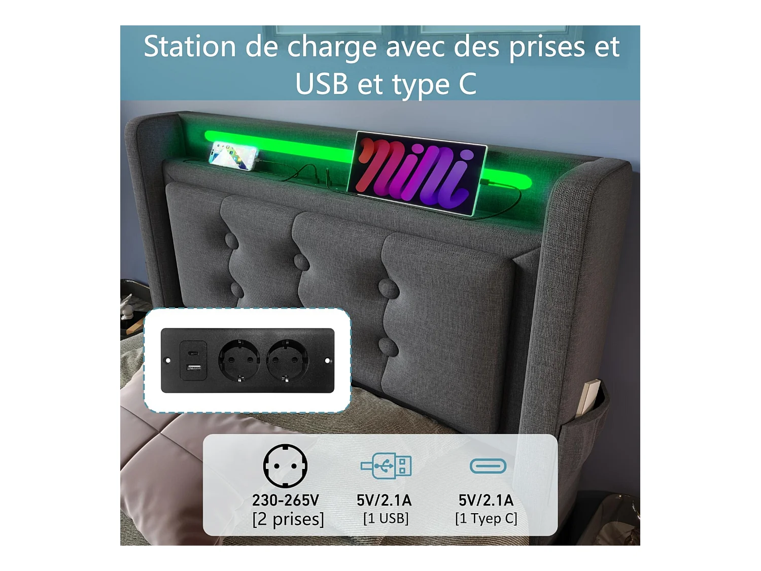 Lit coffre Gris 90x200cm - Coton - avec LED et EU Prise/USB/type C - tête de lit capitonnée - Max 150kg
