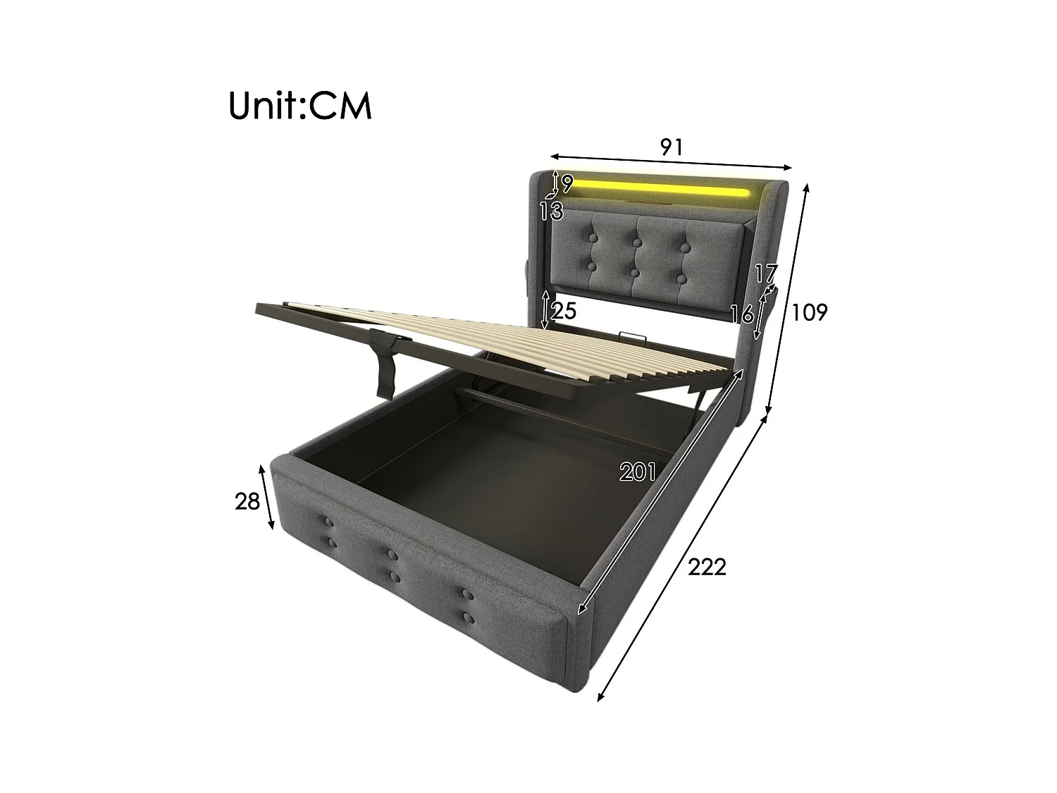 Lit coffre Gris 90x200cm - Coton - avec LED et EU Prise/USB/type C - tête de lit capitonnée - Max 150kg
