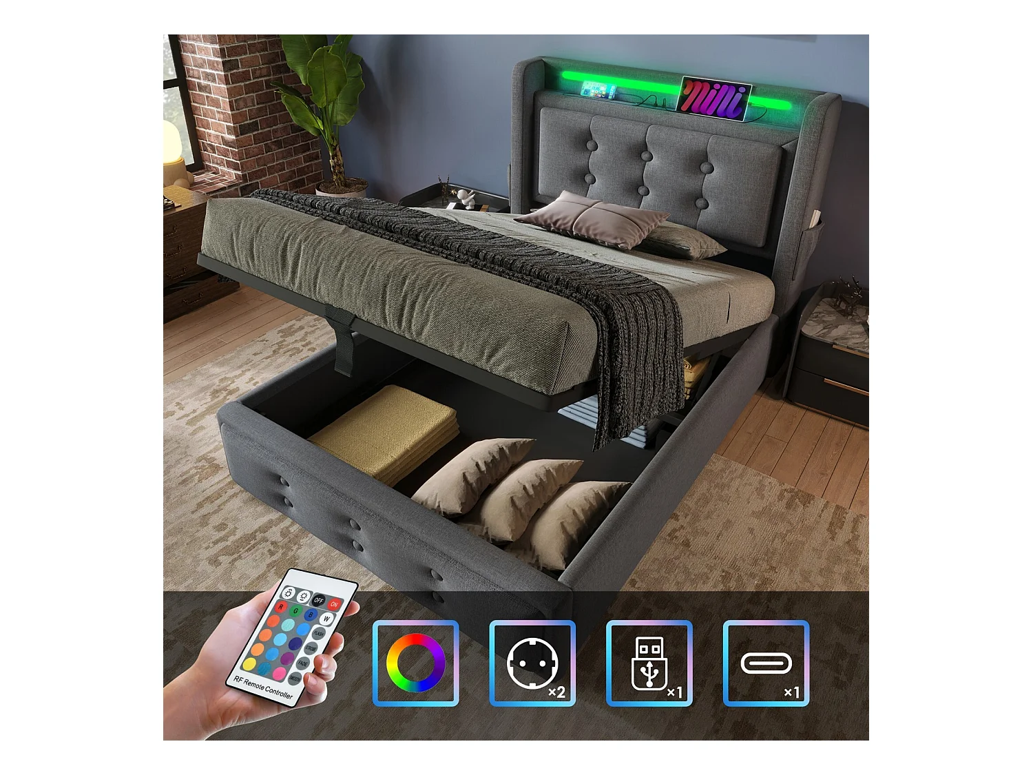 Lit coffre Gris 90x200cm - Coton - avec LED et EU Prise/USB/type C - tête de lit capitonnée - Max 150kg