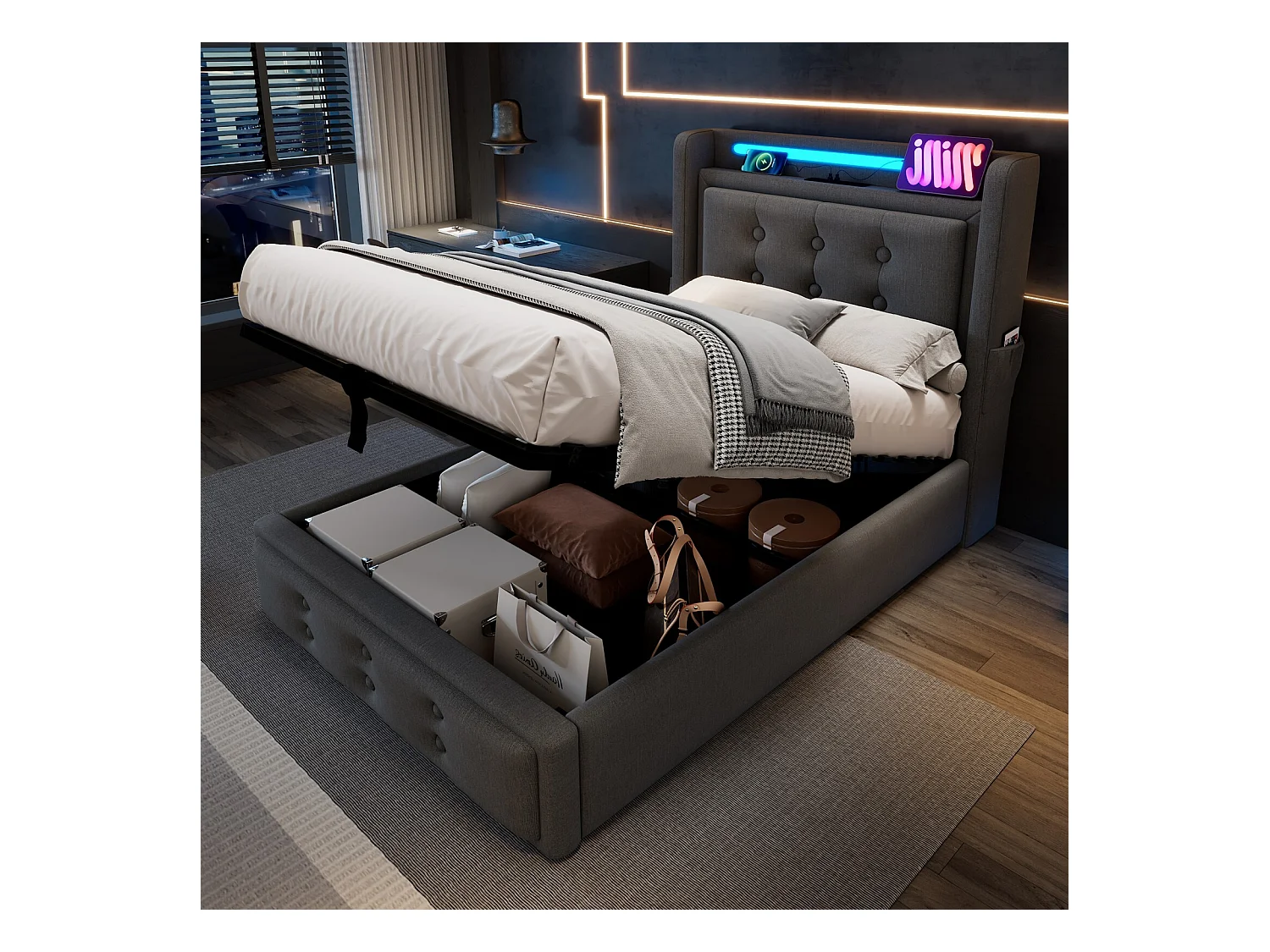 Lit coffre Gris 90x200cm - Coton - avec LED et EU Prise/USB/type C - tête de lit capitonnée - Max 150kg