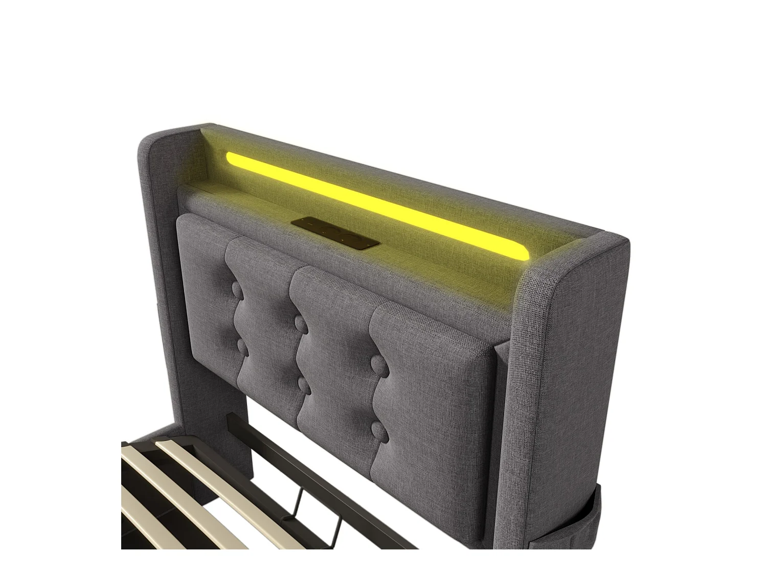 Lit coffre Gris 90x200cm - Coton - avec LED et EU Prise/USB/type C - tête de lit capitonnée - Max 150kg