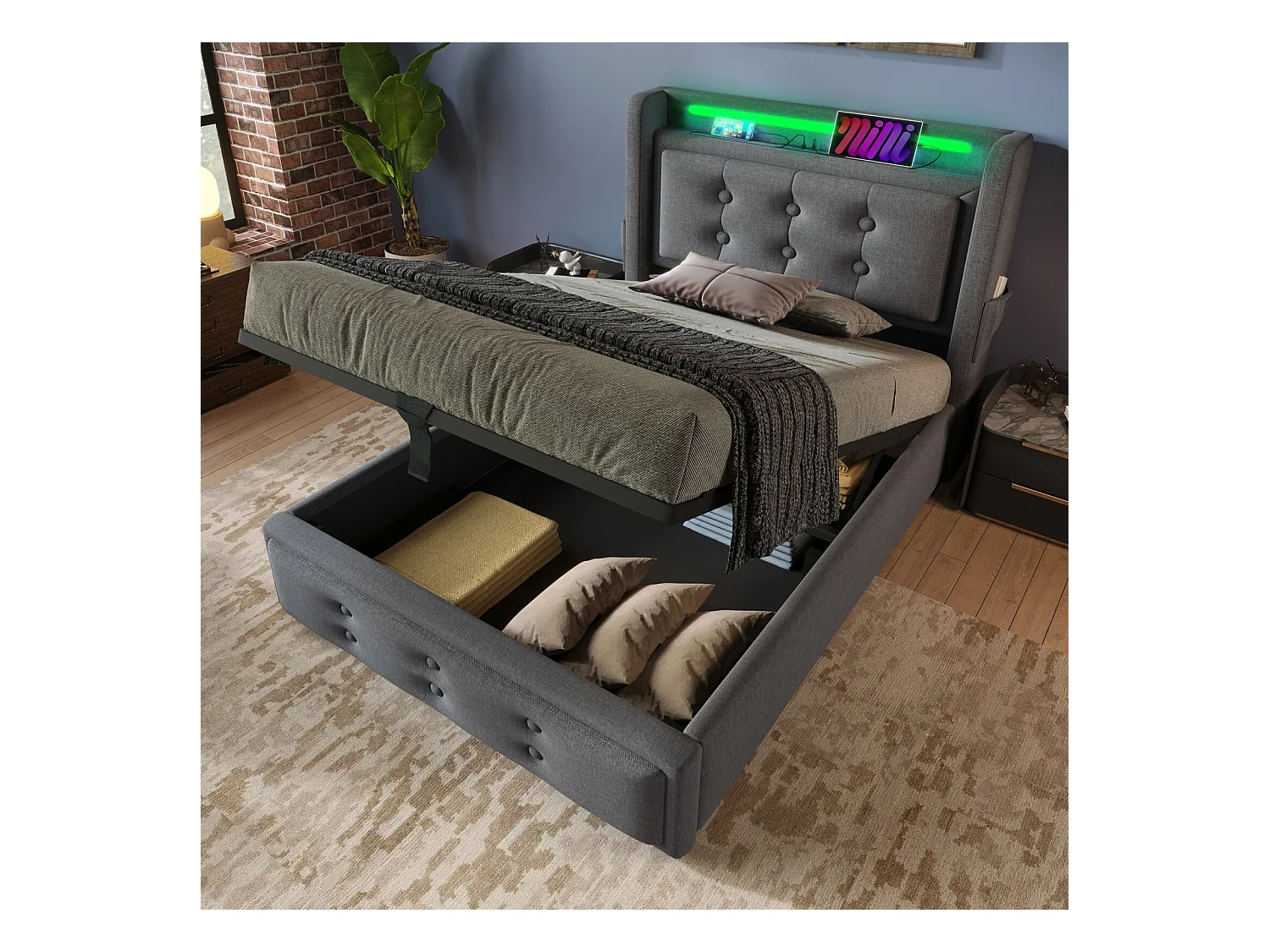 Lit coffre Gris 90x200cm - Coton - avec LED et EU Prise/USB/type C - tête de lit capitonnée - Max 150kg
