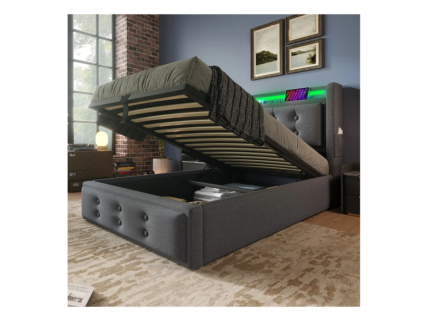 Lit coffre Gris 90x200cm - Coton - avec LED et EU Prise/USB/type C - tête de lit capitonnée - Max 150kg