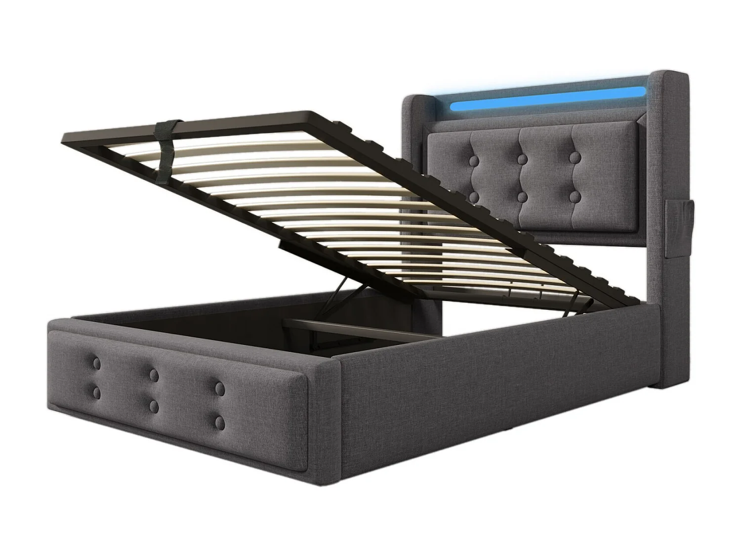 90x200cm grijs borstbed - katoen - met LED- en EU -socket/USB/Type C - Capitated hoofdeinde - Max 150kg