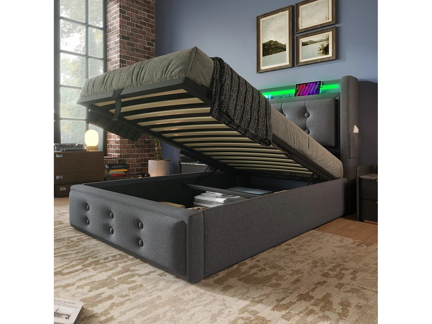 90x200cm grijs borstbed - katoen - met LED- en EU -socket/USB/Type C - Capitated hoofdeinde - Max 150kg