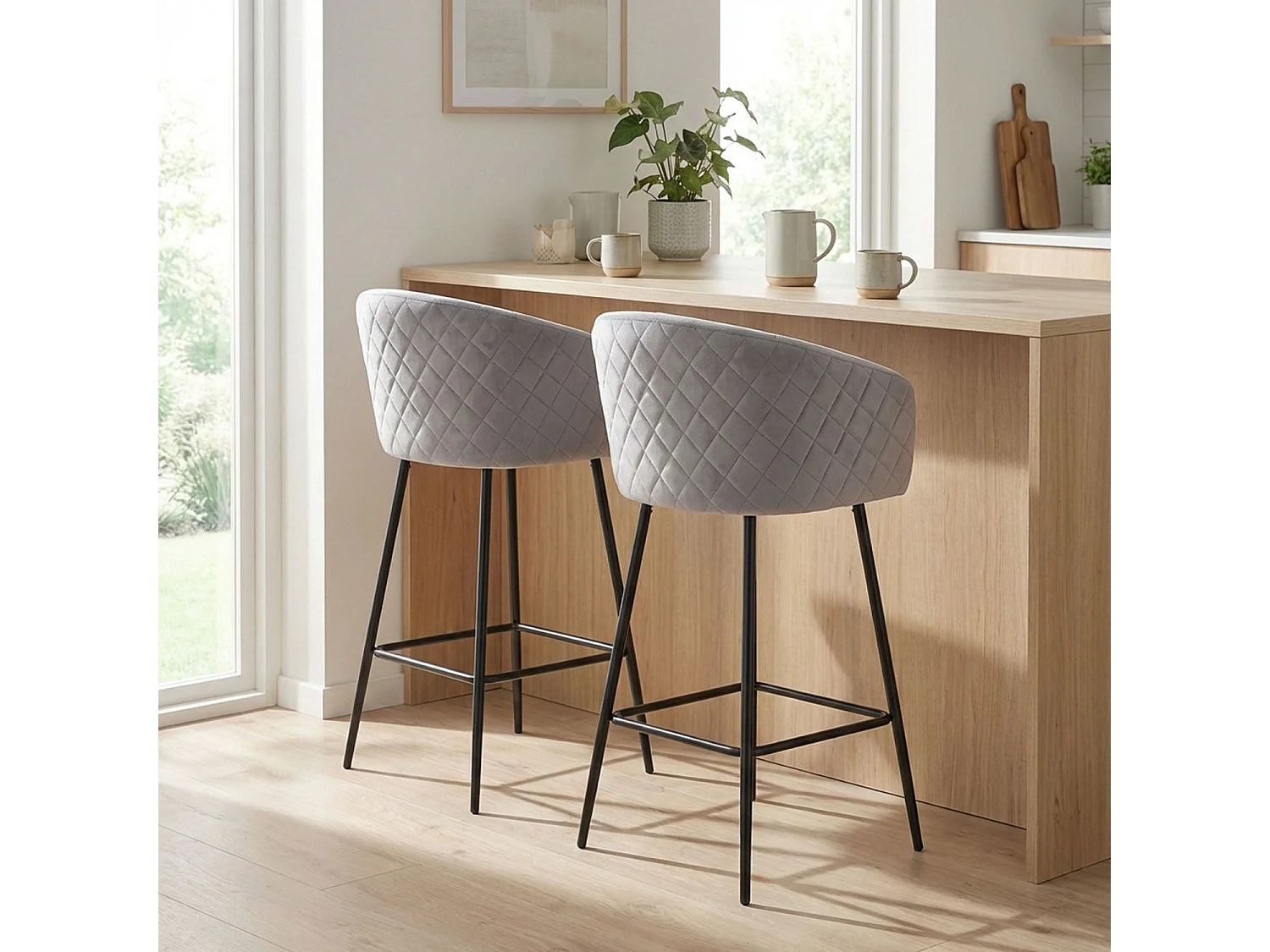 Lot de 2 chaises de bar Bobby Velours Argent