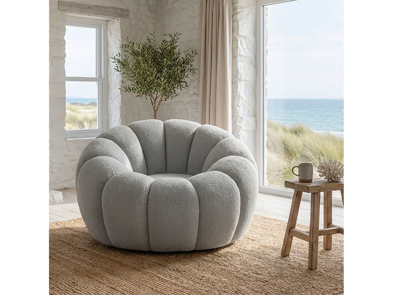 Fauteuil tournant design coquillage Arielina Tissu bouclette Gris