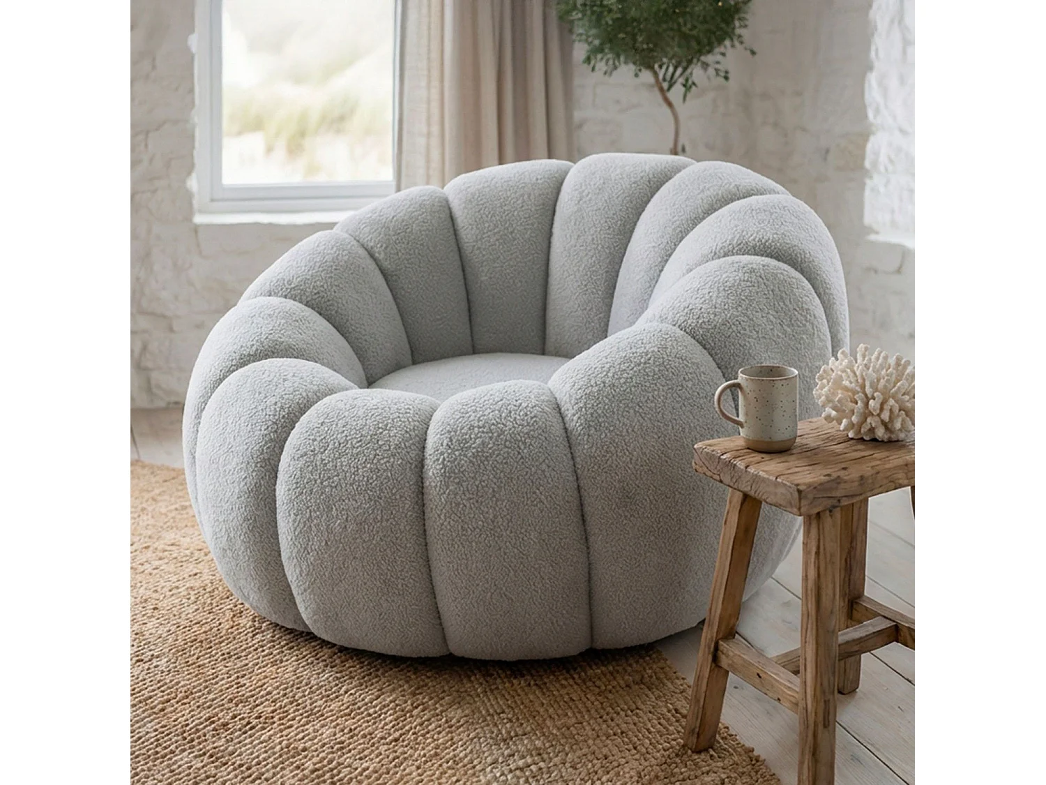 Fauteuil tournant design coquillage Arielina Tissu bouclette Gris