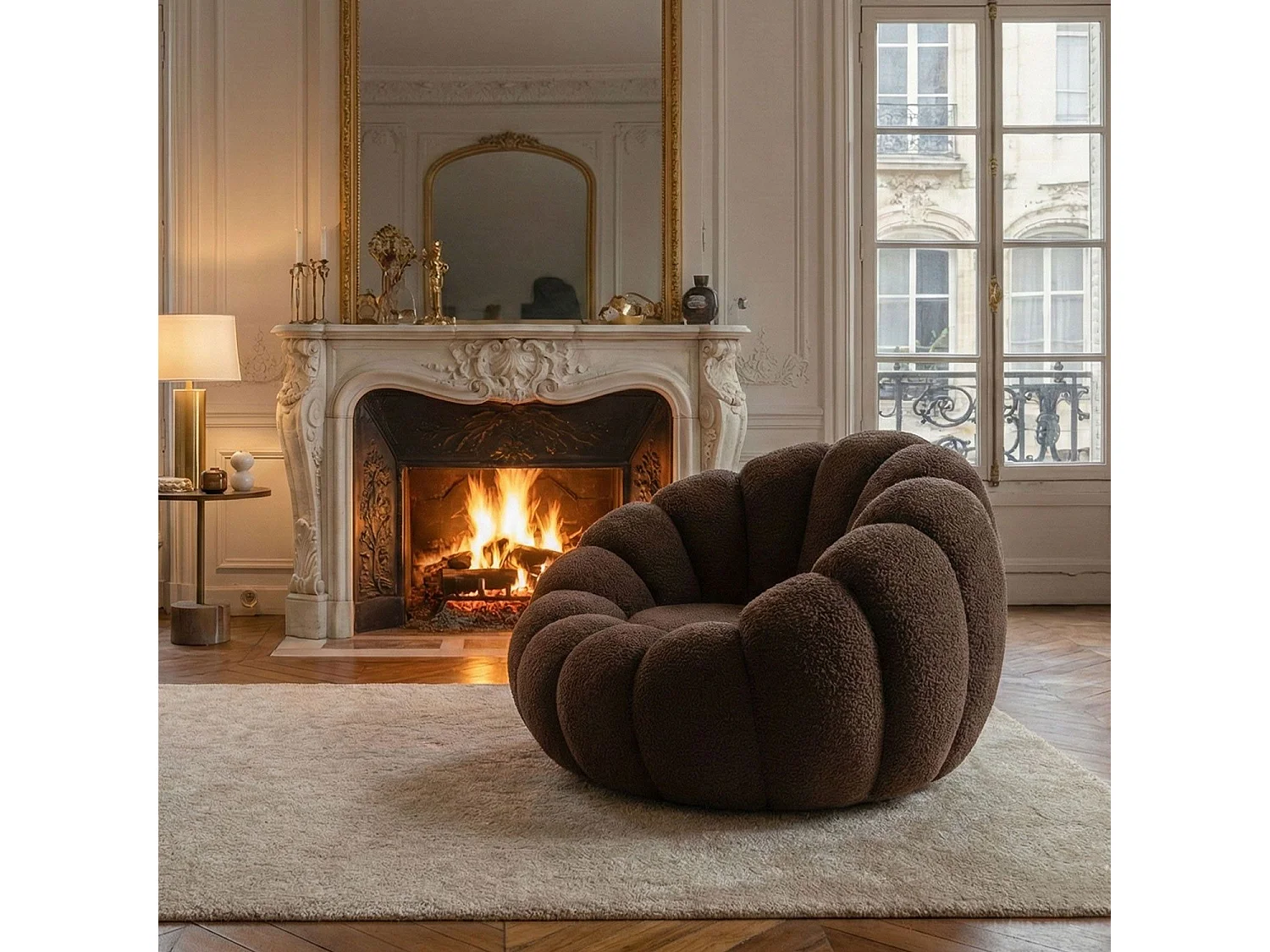 Fauteuil design coquillage Arielina Tissu bouclette Marron