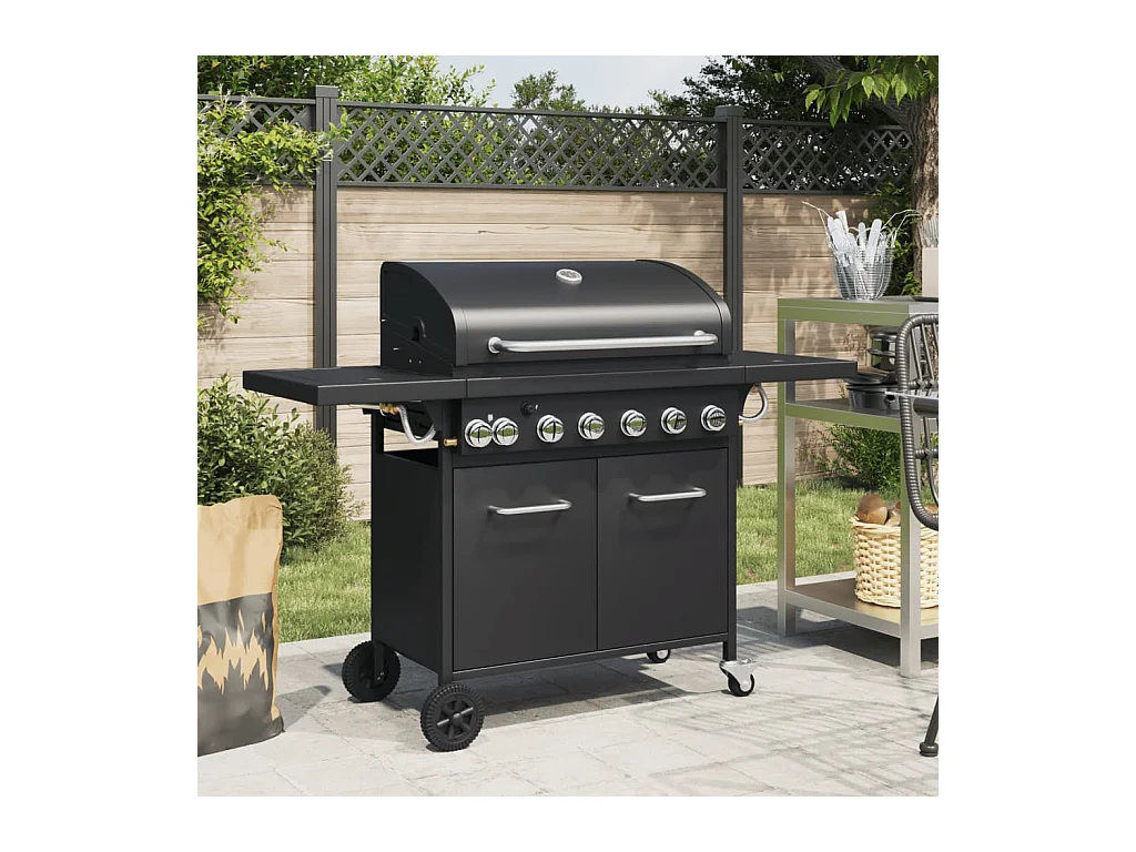 Barbecue gril à gaz avec 7 br?leurs noir acier enduit de poudre