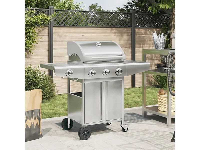 Barbecue a gas con 4 bruciatori in acciaio inox argentato