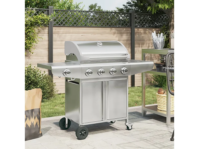 Barbecue a gas con 5 bruciatori in acciaio inox argentato