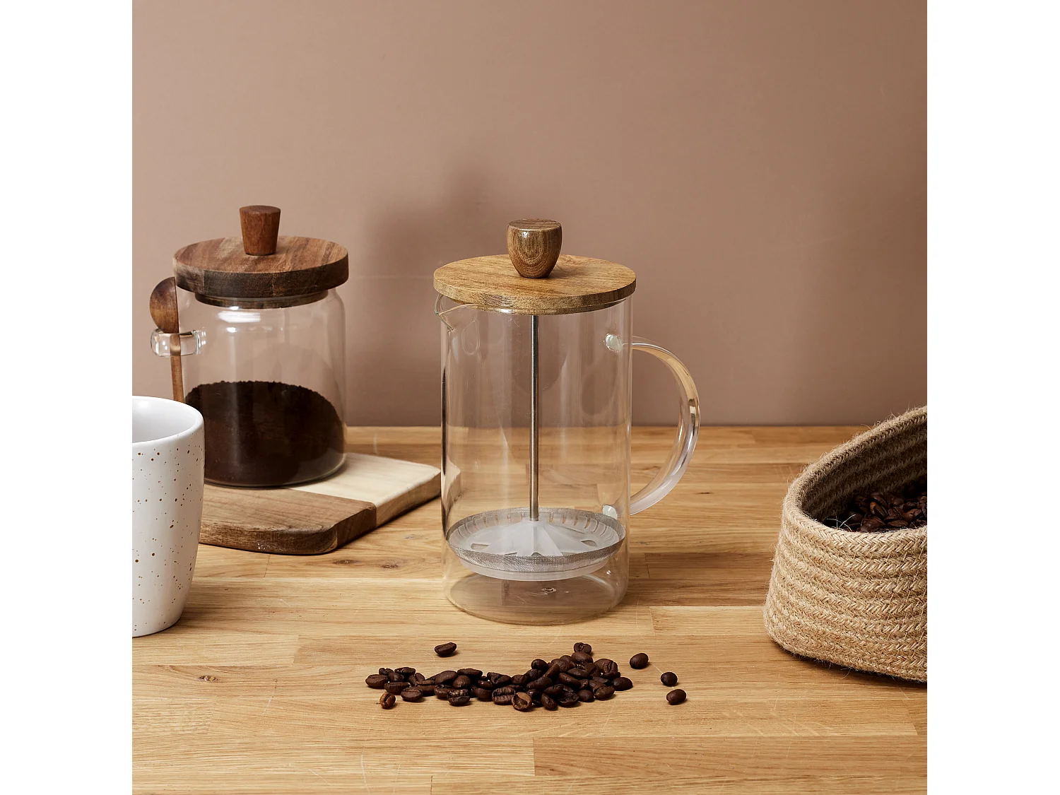 Cafetiere A Piston Verre Acacia 85cl Transparent, Marron