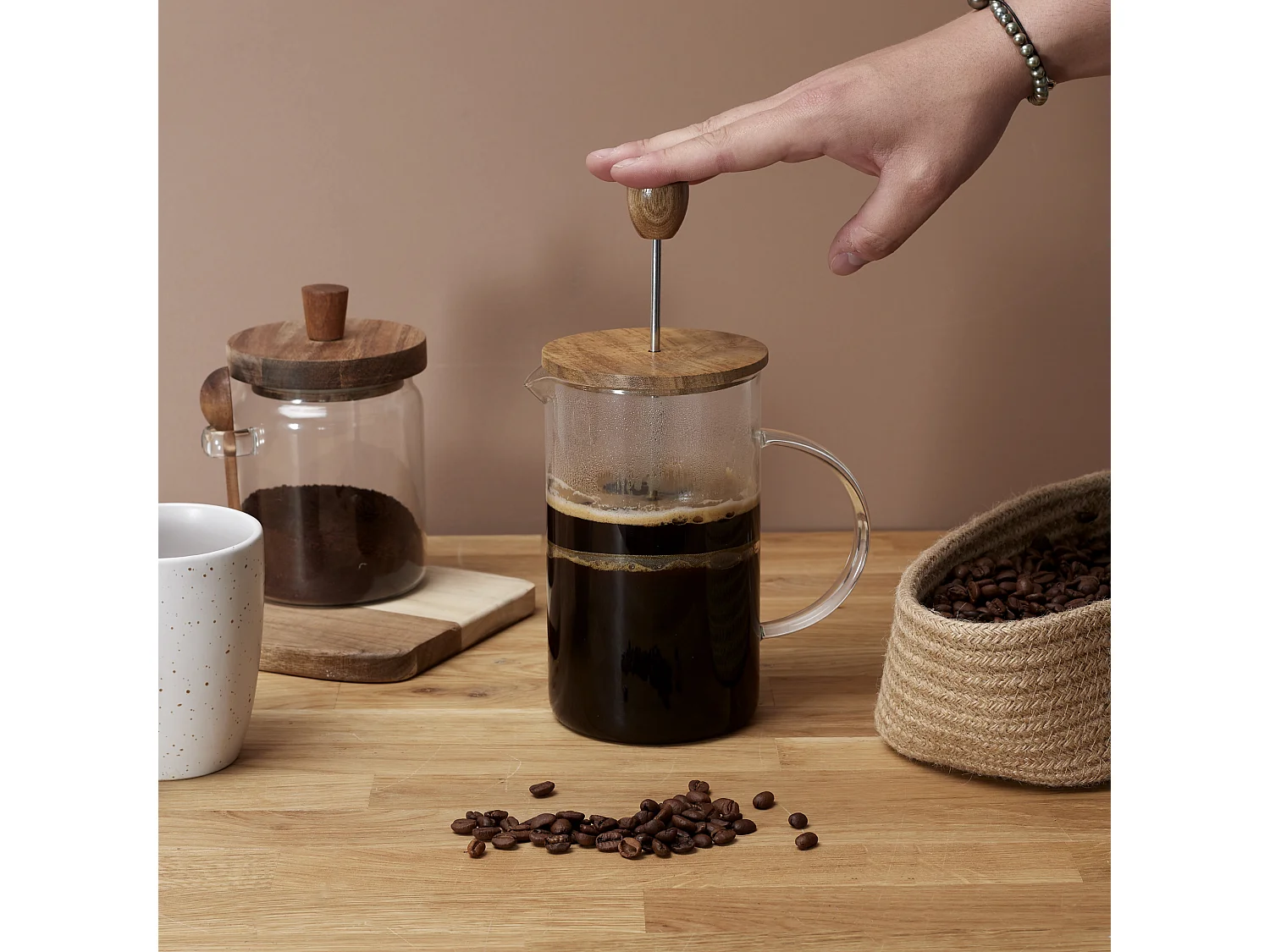 Cafetiere A Piston Verre Acacia 85cl Transparent, Marron