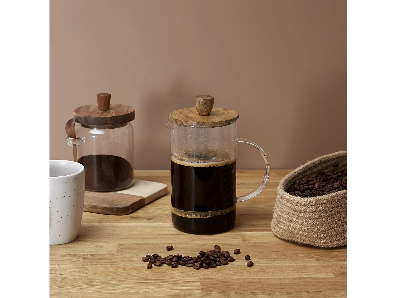 Cafetiere A Piston Verre Acacia 85cl Transparent, Marron