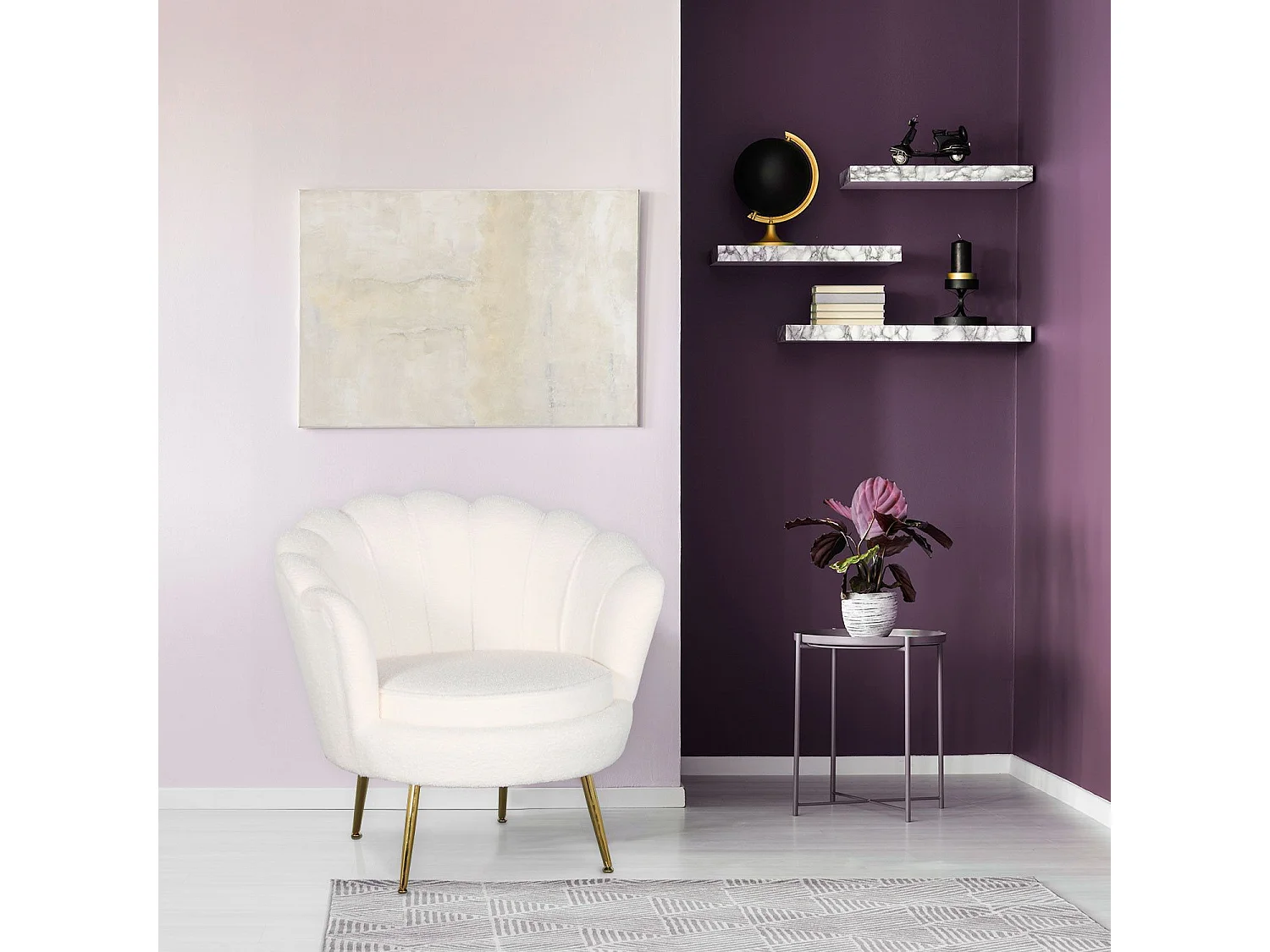 Sillón redondo estilo boudoir Andersen glamour Tela efecto borrego Crema