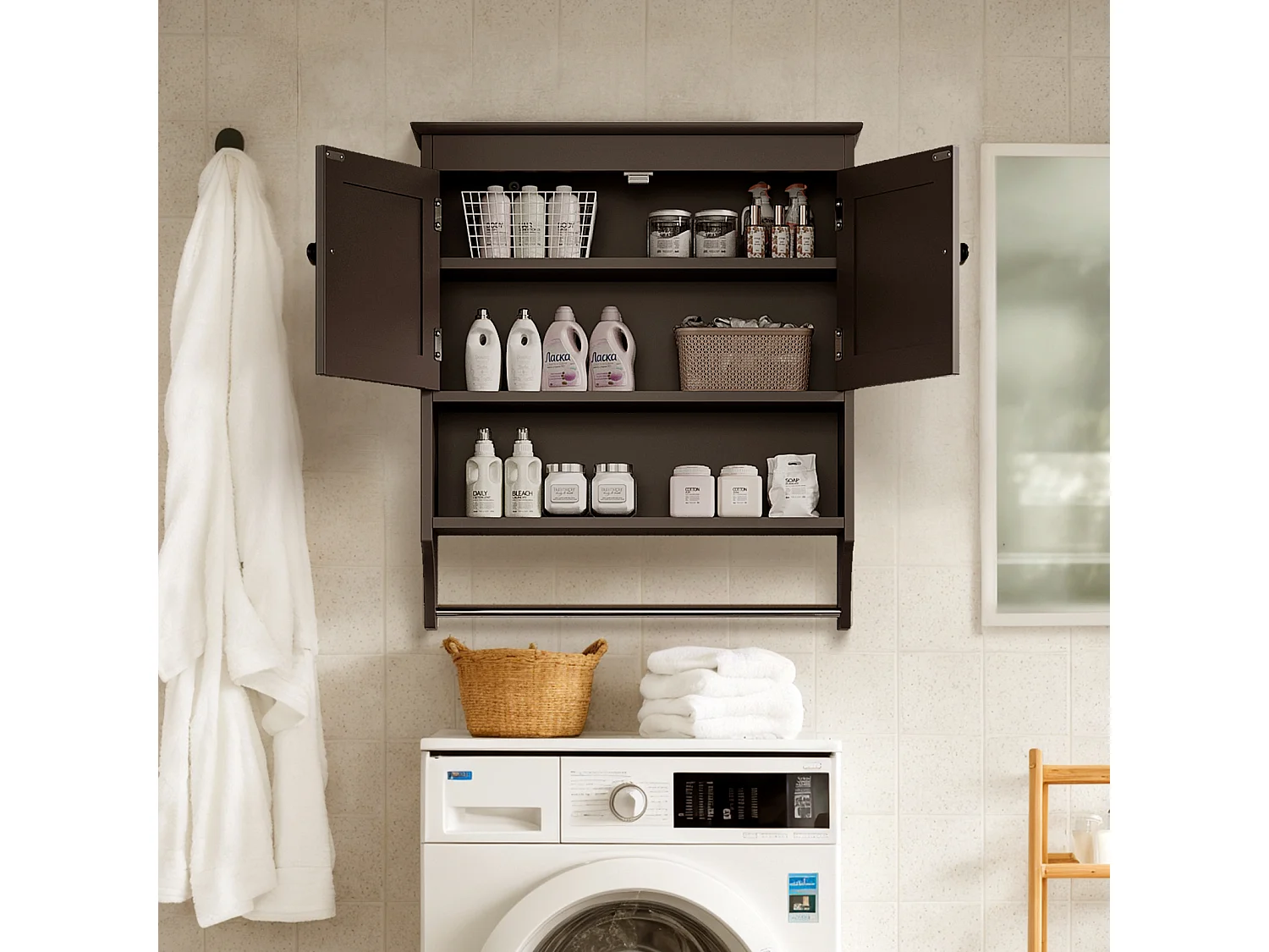 Bealife Meuble de Salle de Bain Mural Marron Foncé avec Étagère à Serviettes