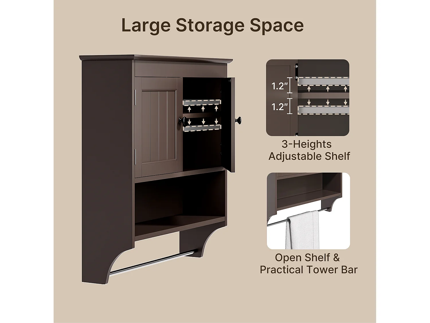 Bealife Meuble de Salle de Bain Mural Marron Foncé avec Étagère à Serviettes