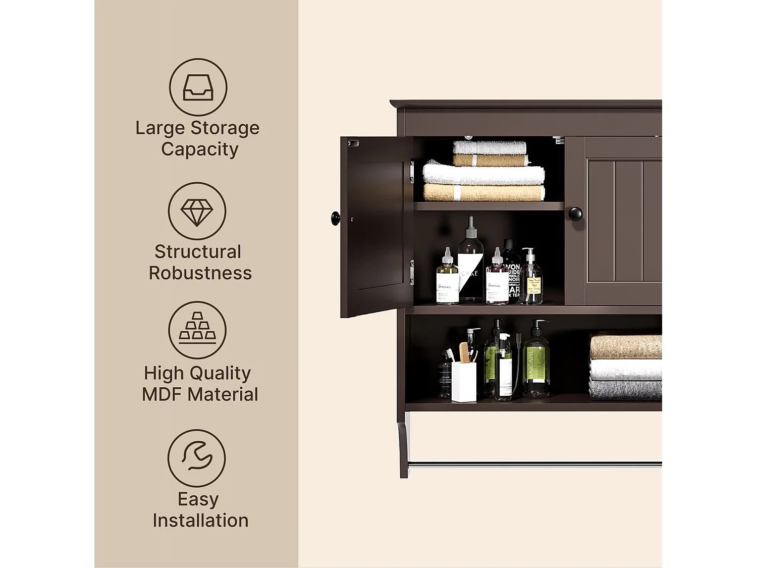 Bealife Meuble de Salle de Bain Mural Marron Foncé avec Étagère à Serviettes