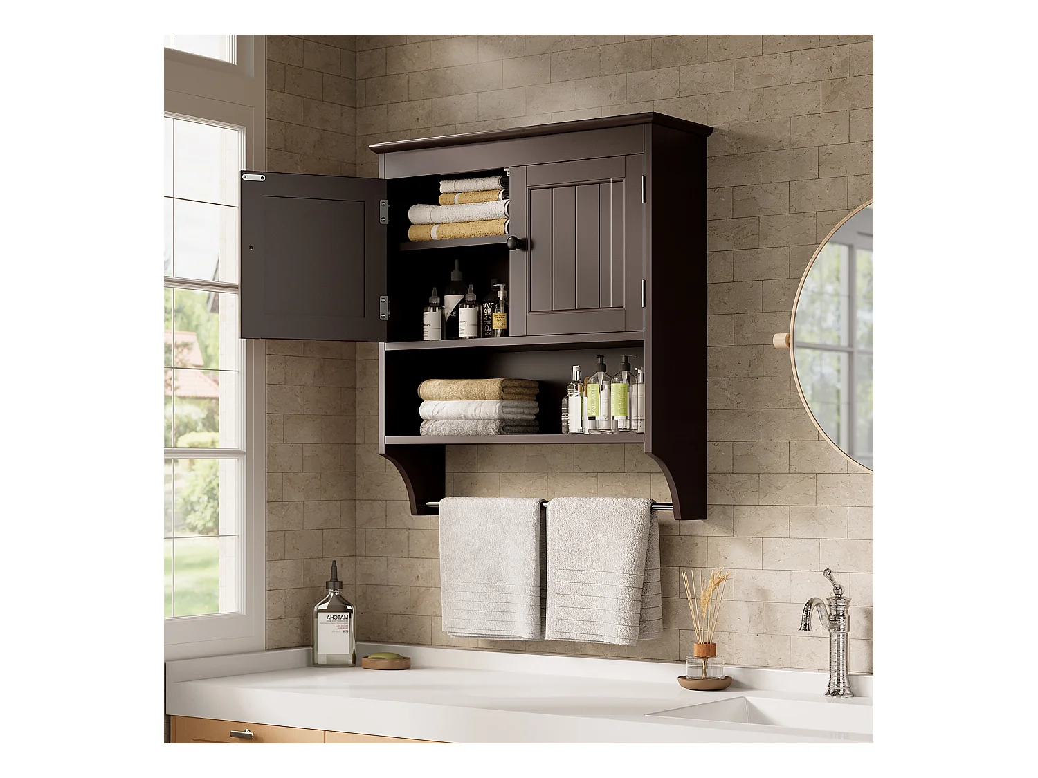Bealife Meuble de Salle de Bain Mural Marron Foncé avec Étagère à Serviettes