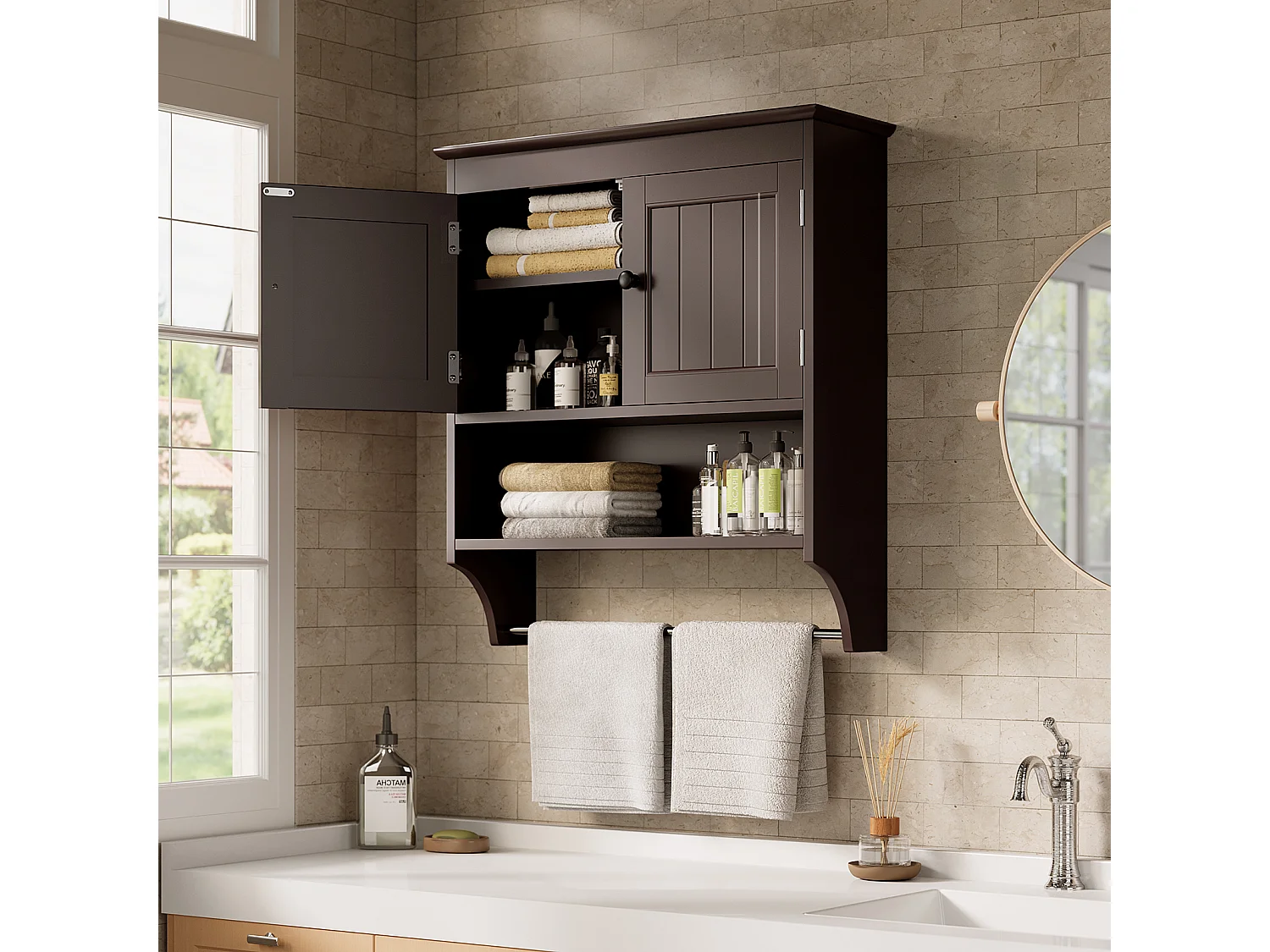 Bealife Meuble de Salle de Bain Mural Marron Foncé avec Étagère à Serviettes