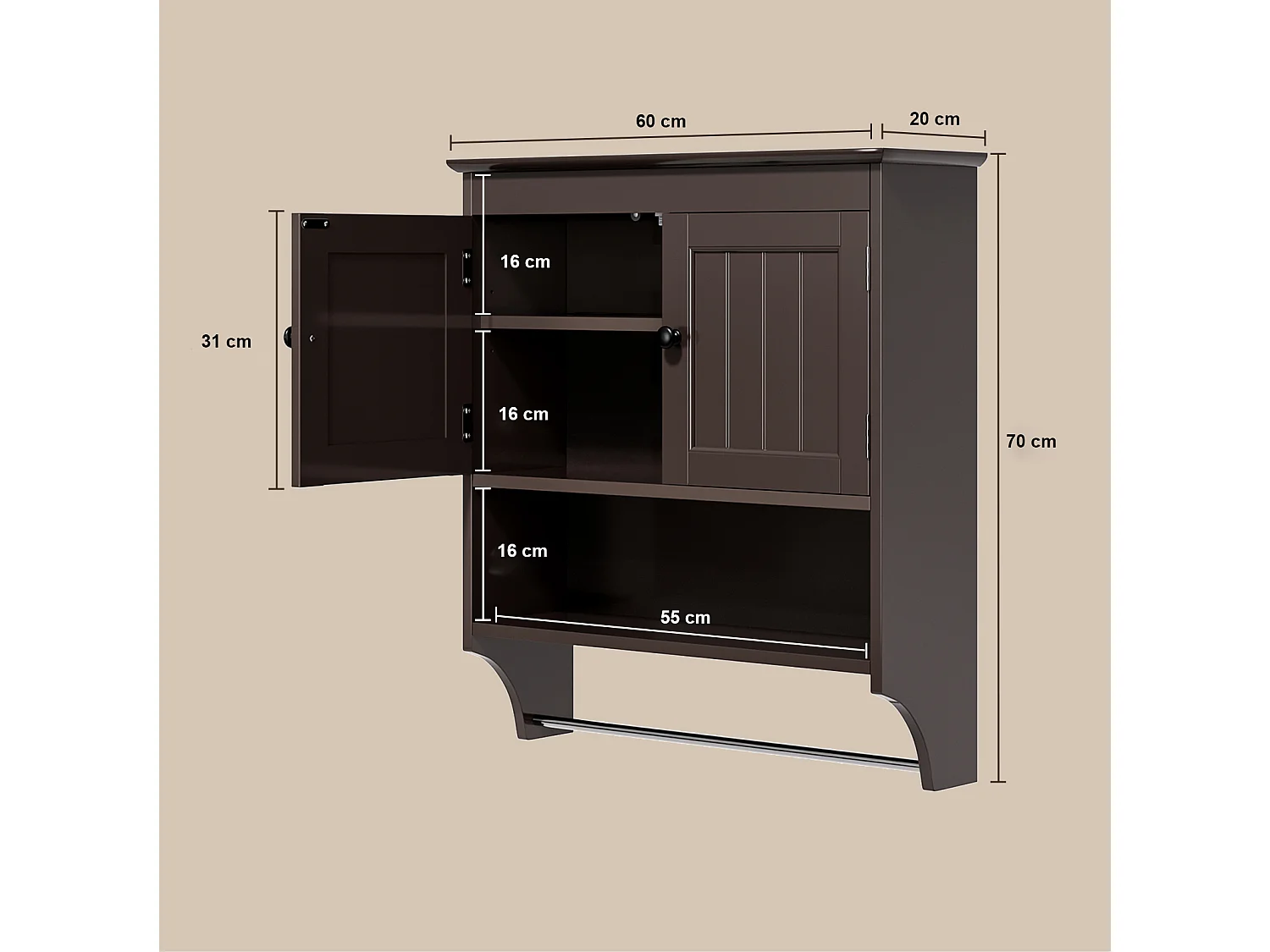 Bealife Meuble de Salle de Bain Mural Marron Foncé avec Étagère à Serviettes