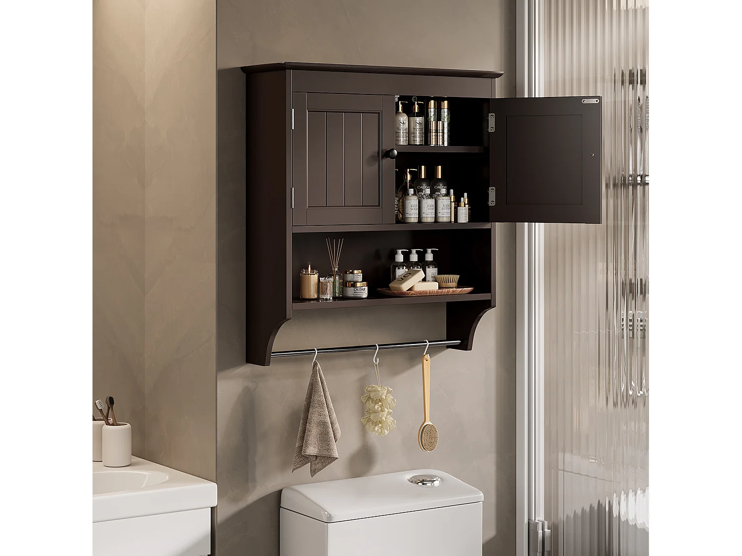 Bealife Meuble de Salle de Bain Mural Marron Foncé avec Étagère à Serviettes
