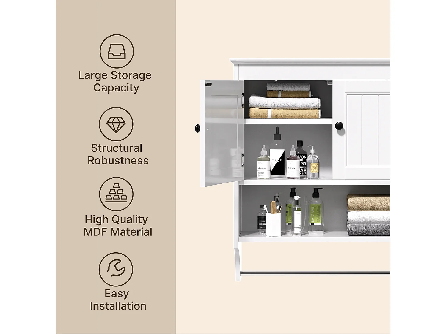 Bealife witte muurmeubel voor de badkamer met een handdoekenrek