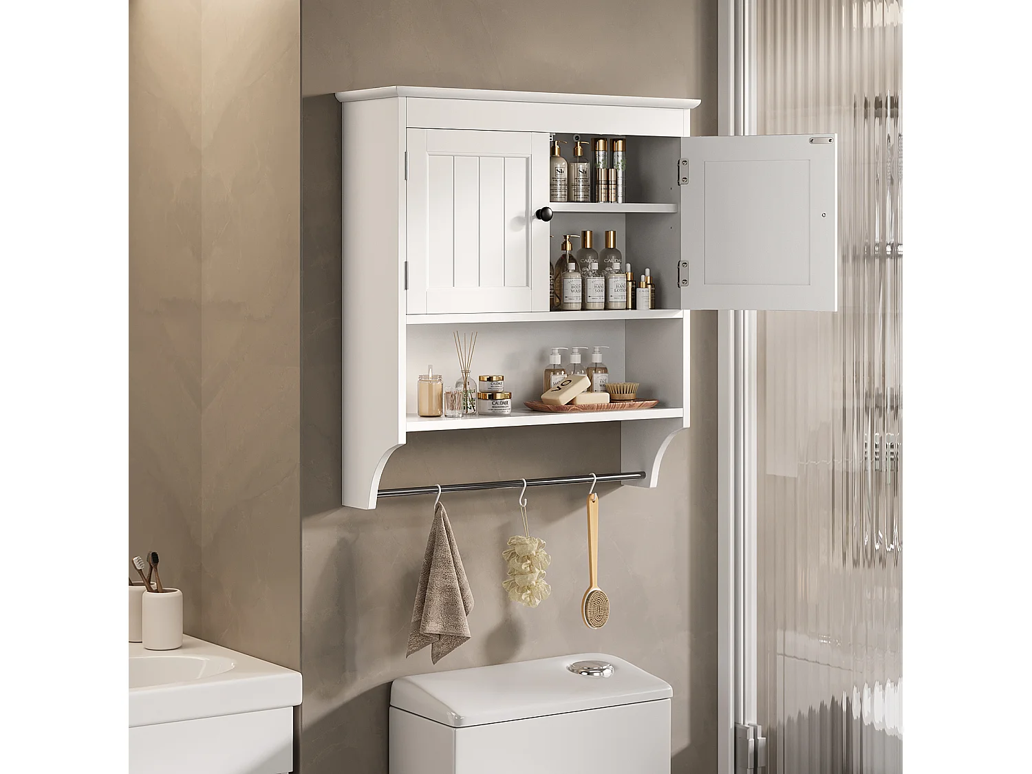 Bealife witte muurmeubel voor de badkamer met een handdoekenrek