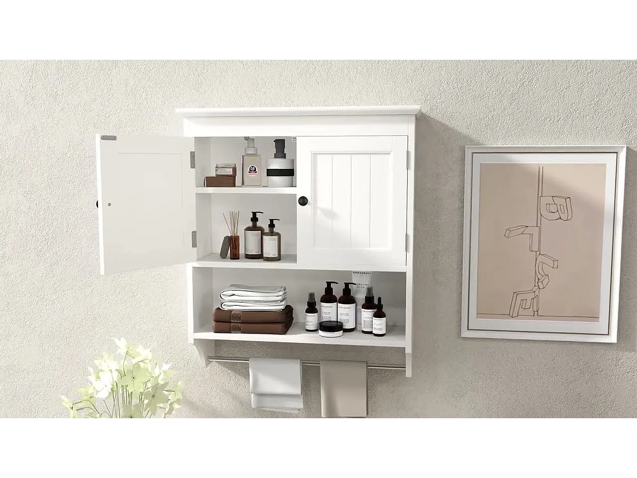 Bealife Meuble de Salle de Bain Mural Blanc avec Étagère à Serviettes