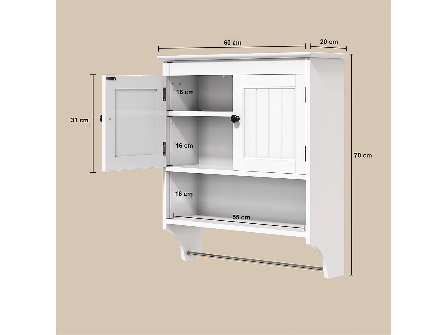 Bealife Meuble de Salle de Bain Mural Blanc avec Étagère à Serviettes